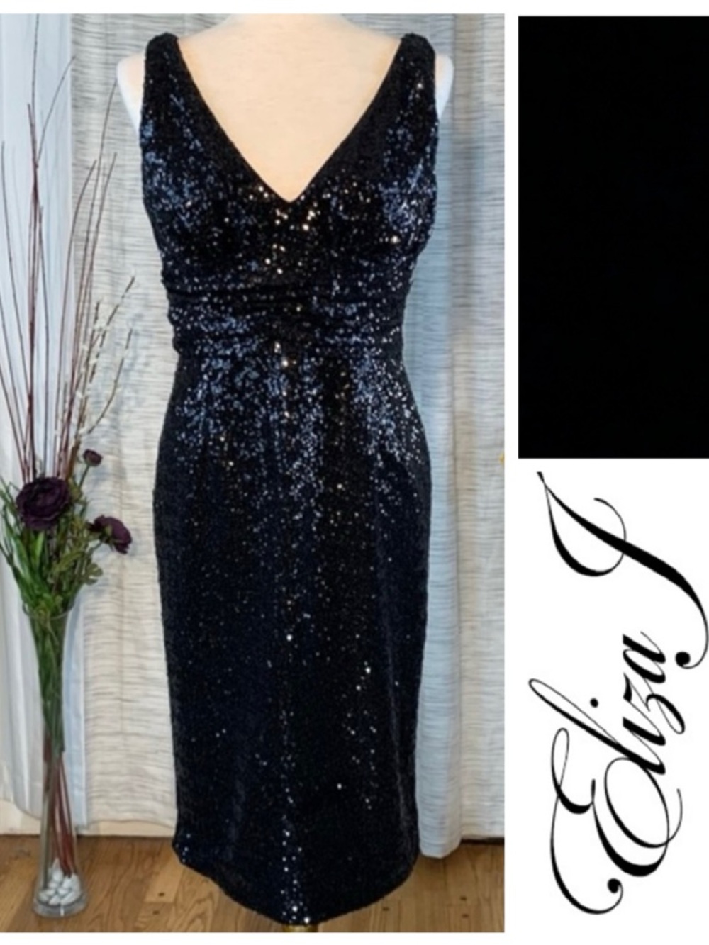 Eliza J black sleeveless sequined sheath party dress.